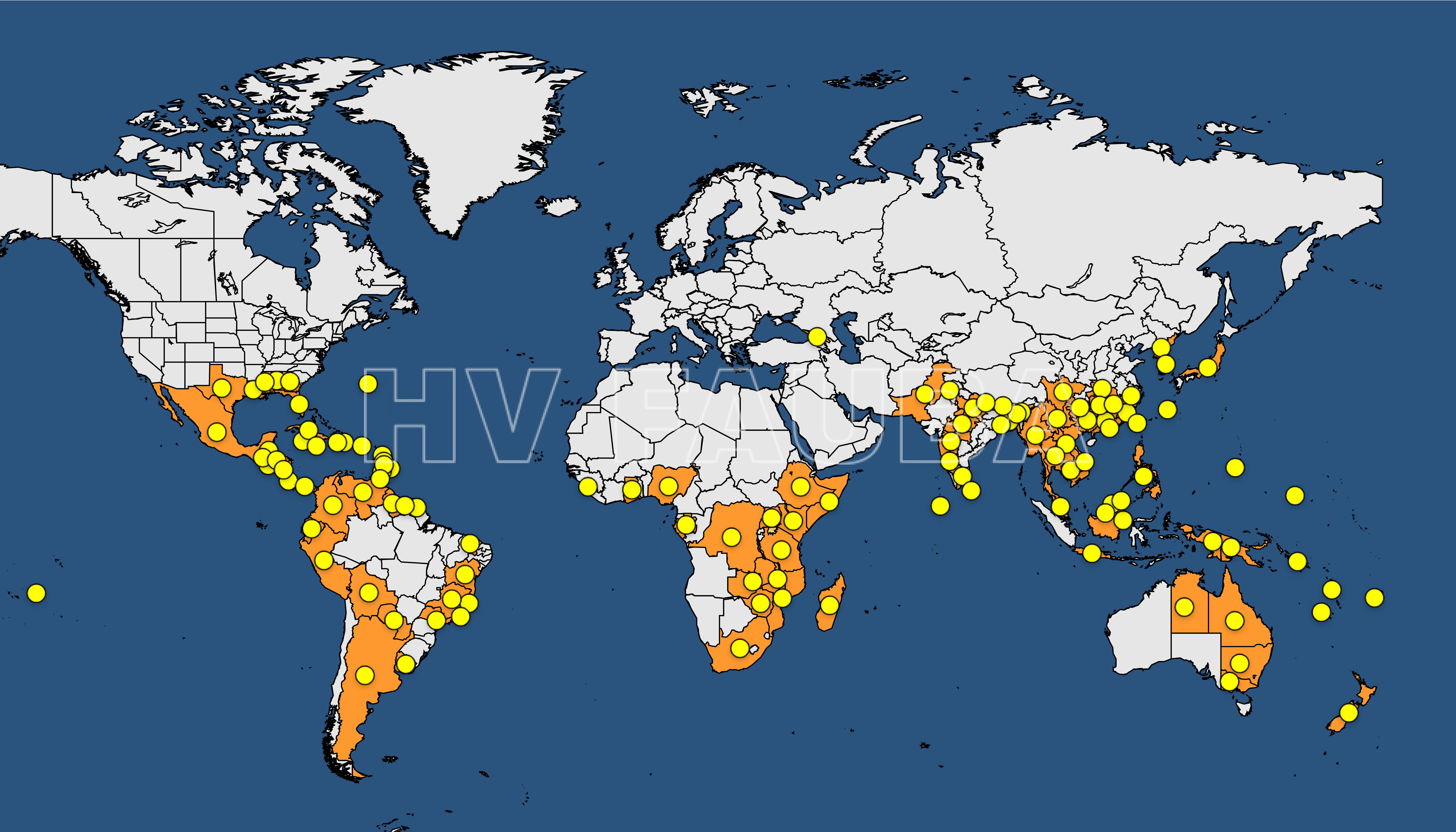 Distribución mundial de Elsinoë fawcettii . Fuente: https://gd.eppo.int/taxon/ELSIFA/distribution