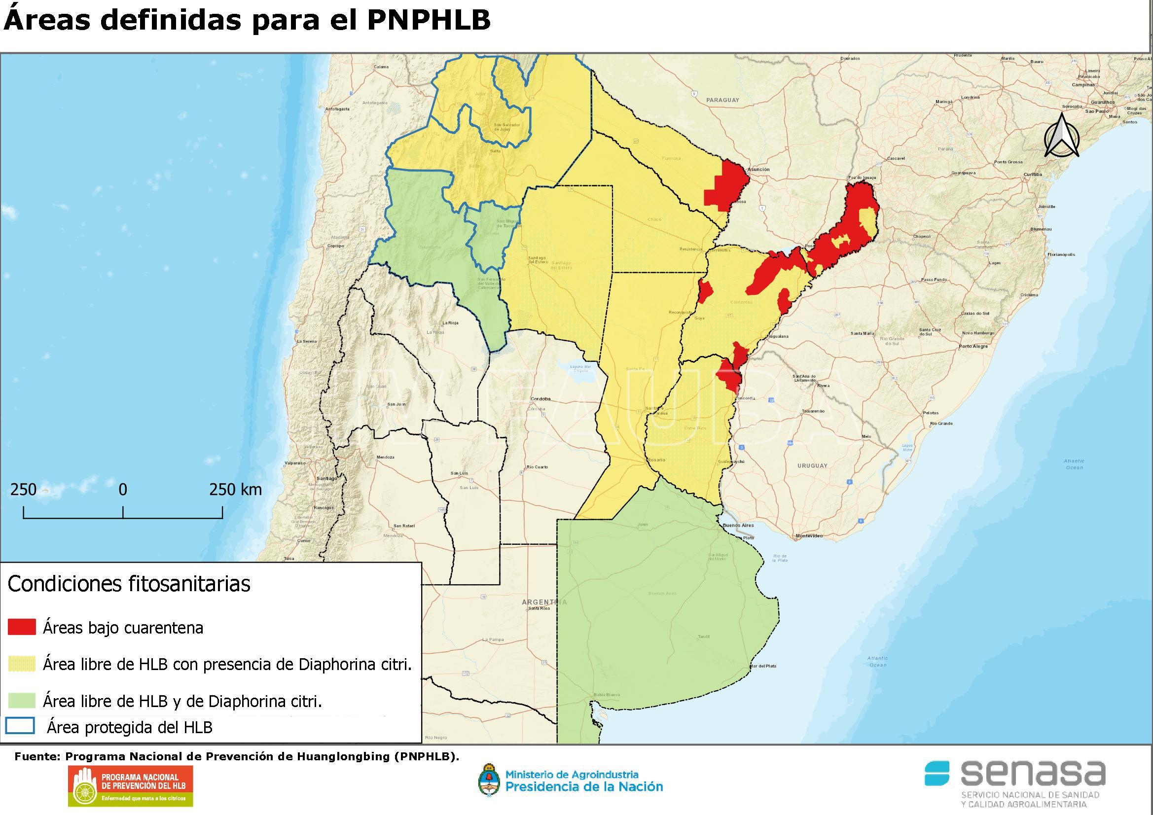 Áreas de Argentina definidas con condición fitosanitaria para el PNPHLB. Fuente: www.argentina.gob.ar
