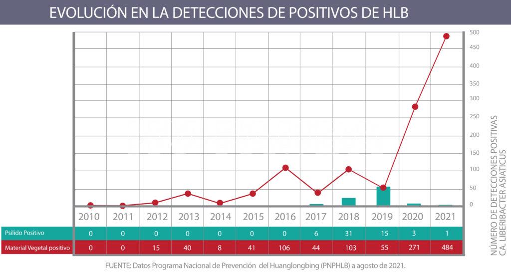 Evolución del número de detecciones positivas de HLB en Argentina a Agosto 2021. FUENTE: Datos Programa Nacional de Prevención del Huanglongbing (PNPHLB)