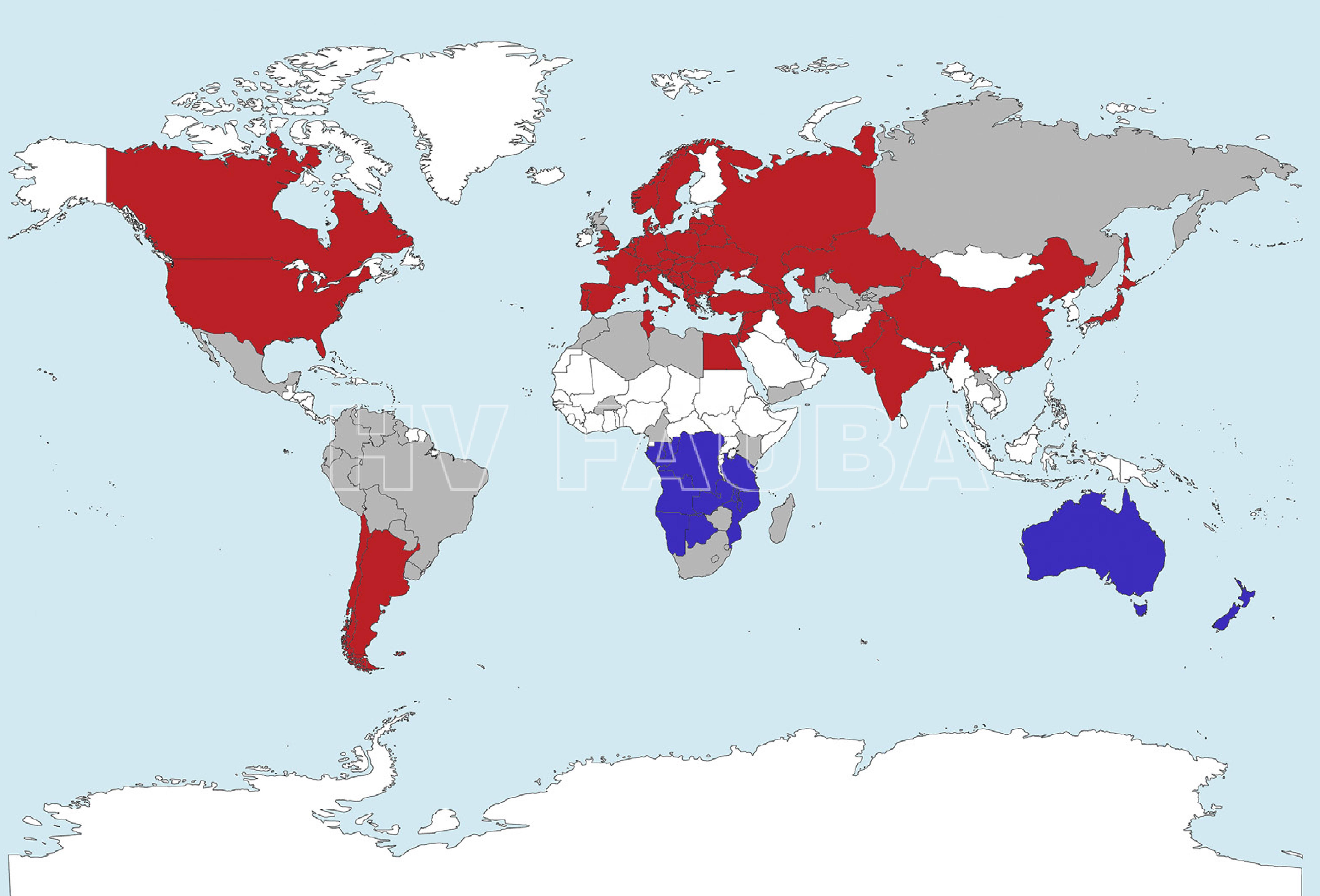 Distribución mundial de PPV. Zonas rojas, PPV presente; áreas violeta, no hay datos sobre la ocurrencia de PPV; áreas gris claro, PPV ausente; áreas blancas, sin cultivos de Prunus. Autor: De Mori et al., 2020.