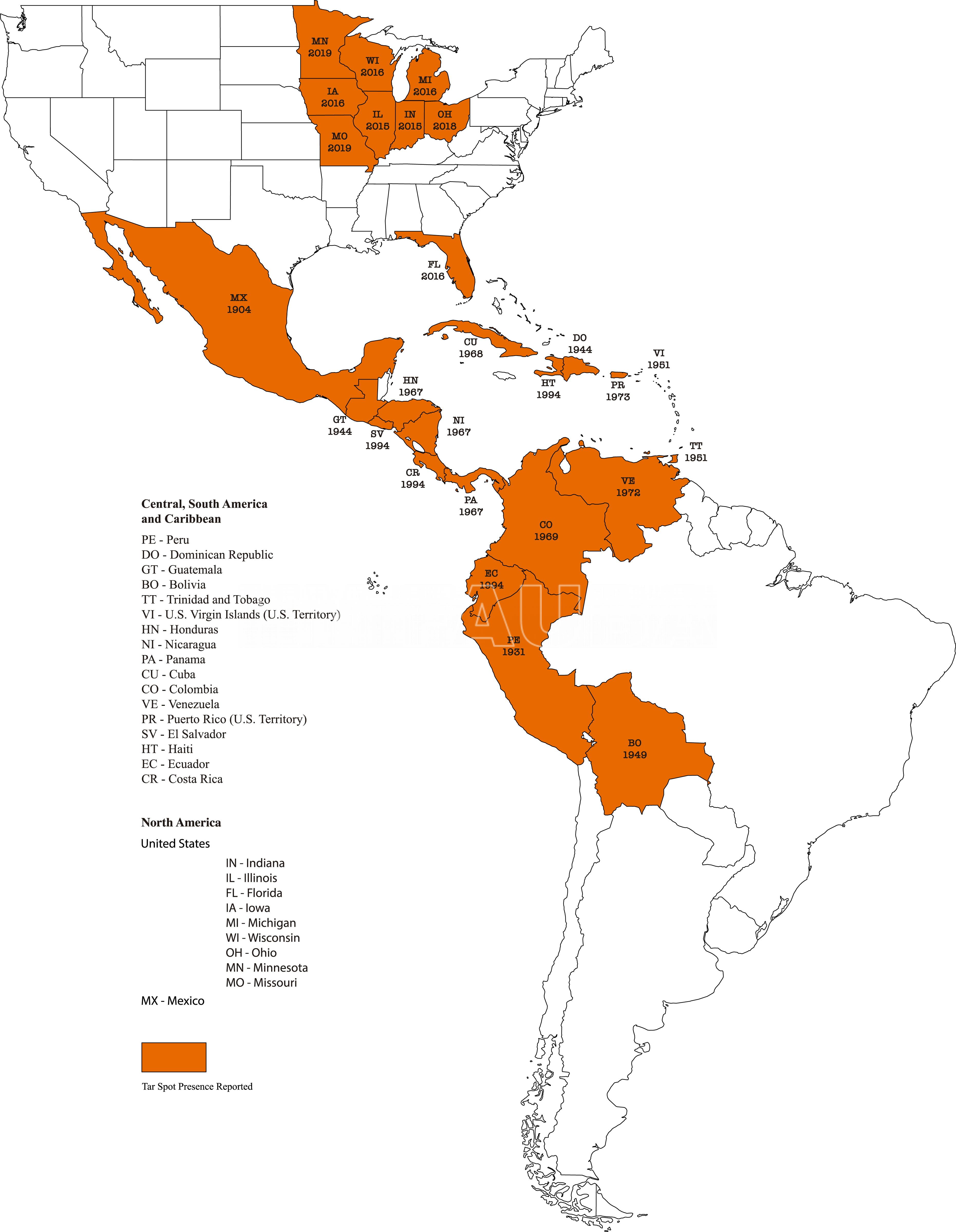 Distribución mundail de Tar spot o mancha alquitran del maíz. Phyllachora maydis se reportó por primera vez en México en 1904 y actualmente está presente en 16 países más. En los EE. UU., se reportó por primera vez en 2015 y ahora está establecido en nueve estados. Autor: Valle-Torres et al., 2020